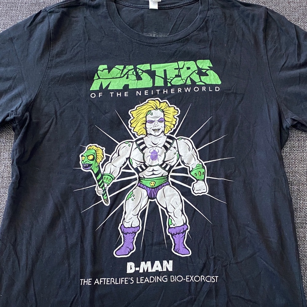 Mens L Masters of the Neitherworld Beetlejuice & He-Man Mashup Black T-Shirt